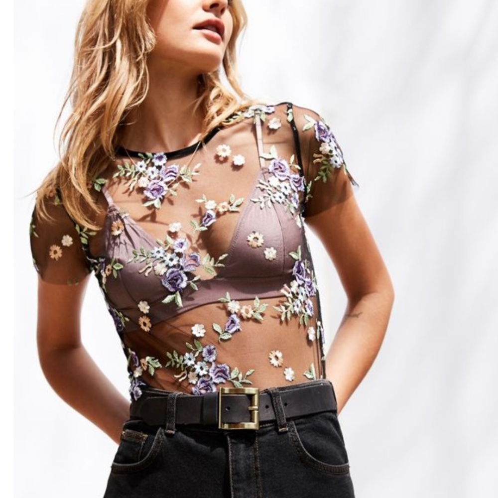 Sheer Mesh Floral Embroidered Tee | Urban Outfitte